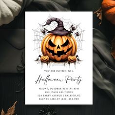 a halloween party flyer with pumpkins and spider web on it's back side