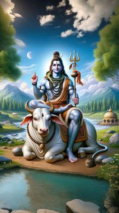 the god sitting on top of a cow next to a river