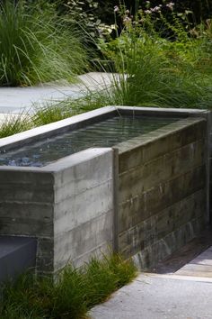 an outdoor water feature in the middle of a garden with tall grass and plants around it