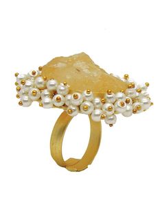 Raw citrine with pearls The jewelry is handcrafted so slight variations might occur. This adds to the uniqueness of the piece All pieces are handcrafted, hypoallergenic and gold plated. Keep away from moisture & perfume Ready to Ship within 10-15 days Party Pearl Ring Jewelry, Handmade Citrine Jewelry For Weddings, Pearl Ring For Party, Yellow Pearl Jewelry Gift, Gold Crystal Ring With Natural Stones For Wedding, Elegant Citrine Rings With Natural Stones, Yellow Pearl Wedding Jewelry, Party Gold Rings With Pearl, Gold Rings With Natural Stones And Citrine