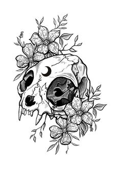 a black and white drawing of a skull surrounded by flowers