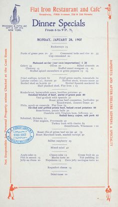 an old menu with the words dinner specials written in red and blue on white paper