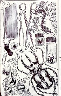 a drawing of various items that include scissors and other things to make it look like an insect