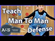 a young man is playing basketball with the words teach man to man defense in front of him