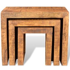 three wooden tables sitting next to each other