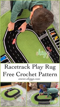 a kid playing with a crochet play rug that looks like a race track