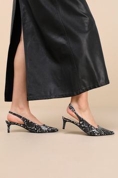 From the office halls to happy hour fun, the Lulus Fosette Black Snake Pointed-Toe Slingback Pumps are ready to strut through it all! These ultra-chic pumps have a snake-embossed, faux leather construction that shapes a pointed-toe upper and a low-cut collar that flows into a classic slingback strap with a little silver buckle. Flirty kitten-style heel completes the versatile look! 2" Wrapped Spool Heel. Cushioned Insole. Rubber Sole Has nonskid Markings. Man Made Materials. Imported. Lulus | Fosette Black Snake Pointed-Toe Slingback Pumps | Size 10. Spool Heel, Black Snake, Shoes Heels Pumps, Slingback Pump, Pump Shoes, Happy Hour, Low Cut, Pumps Heels, The Office