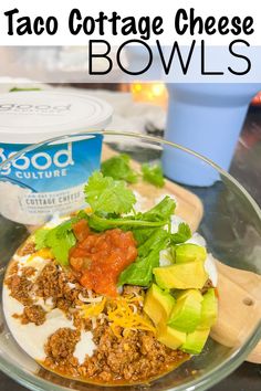 taco cottage cheese bowls with avocado, lettuce and salsa on the side