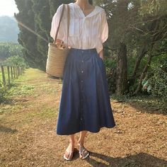 Olivia Mark - Vintage Casual High-waisted Pleated Midi Skirt Blue Midi Skirt, Vintage Casual, Pleated Midi Skirt, Types Of Skirts, Cami Dress, A Line Skirt, A Line Skirts, Straight Leg Jeans, Casual Skirts