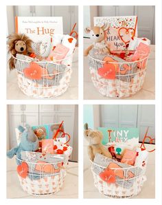 four pictures of a basket with stuffed animals and books in it, including a teddy bear