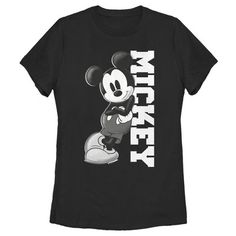 Who knew that dressing "mousey" could be so cute!? Celebrate Walt Disney's most iconic character with this officially licensed Mickey & Friends Black and White Mickey Mouse Women's Tee, featuring Mickey looking cool while leaning against his name. This graphic tee is perfect for the whole family, so grab one for yourself or a loved one today! Black Tops With Cartoon Print For Disney Fan Events, Black Disney Tops With Cartoon Print For Fan Events, Black Graphic Print Tops For Disney Fan Events, Black Mickey Mouse Tops For Disney Events, Pop Culture Mickey Mouse Tops For Disney Fan Events, Black Mickey Mouse Top For Disney Fan Events, Disney Black Tops For Streetwear, Disney Black Top For Streetwear, Black Disney Top For Streetwear