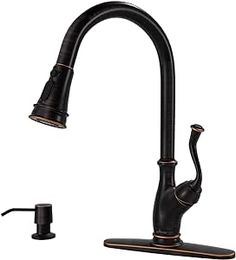 a kitchen faucet with an old fashioned sink and black goose head pull down faucet