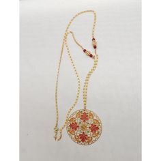 This is part of Chairish’s Costume Jewelry assortment.  1970s goldtone round orange and yellow plique-a-jour (stained glass) pendant  with faceted faux-garnet decoration on the chain necklace with spring ring clasp. Marked "Napier" on the jump ring that the clasp attaches to. Pendant measures: 2 3/16 inches across. Chain doubled measures: 14 3/4 inches long. Excellent condition. Stained Glass Pendant, Modern Branding, Orange And Yellow, Accessories Jewelry Necklace, Jump Rings, Glass Pendant, Vintage 1970s, Spring Rings, Glass Pendants