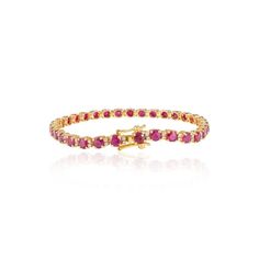 This is part of Chairish’s Fine Jewelry assortment.  This Natural Ruby and Diamond Tennis Bracelet in 18K gold showcases 9.27 carats endlessly sparkling natural ruby and 0.34 carats of diamonds. It measures 7 inches long in length.  Ruby improves mental strength.  Designed with perfect round cut ruby set in center with two diamonds after each ruby to make you stand out on any occasion or event. The elegant style complements the attire beautifully and is a perfect Engagement Gift, Bridal Shower G Luxury Ruby Bracelets, Elegant Ruby Tennis Bracelet In Yellow Gold, Luxury Ruby Diamond Bracelet, Elegant Yellow Gold Ruby Tennis Bracelet, Luxury Red Ruby Tennis Bracelet, Luxury Red Tennis Bracelet, Red Luxury Jubilee Tennis Bracelet, Luxury Ruby Tennis Bracelet, Luxury Red Ruby Bracelets