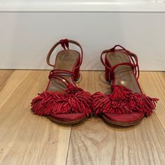 Stunning Aquazzura Red Suede Sandals In Size 8, Featuring Playful Tassels And A Comfortable Block Heel. These Chic Shoes Have Been Recently Re-Soled And Come With Their Original Dust Bag, Ensuring They’re Ready For Plenty Of Wear. Perfect For Adding A Bold Pop Of Color To Any Outfit, These Sandals Are Both Stylish And Comfortable. Light Wear On The Soles And Heel, But In Great Condition Overall. Don't Miss Out On These Luxurious Statement Heels! Statement Heels, Tassel Sandals, Aquazzura Shoes, Chic Shoes, Suede Tassel, Suede Sandals, Red Suede, Women's Shoes Sandals, Block Heels