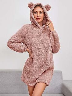 Top Seller for Essnce Ear Detail Hooded Teddy Sweatshirt Dress, Sweaters Dresses Bear Ear Hoodie, Teddy Sweatshirt, Bear Clothes, Winter Bear, Women Sweatshirts, Rust Dress, Womens Loungewear, Lovely Dresses, Sweatshirt Dress