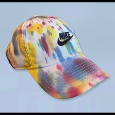 Handmade White Nike Tie Dye Baseball Hat, Can Be Dyed Any Colors You Want Just Message Me In The Comments. The One Pictured Is Yellow, Blue, & Wine Trendy Multicolor Cotton Hats, Adjustable Nike Cotton Hat, Nike Adjustable Cotton Hat, Adjustable Cotton Nike Hat, Nike Cotton Snapback Hats, Trendy Multicolor Cotton Baseball Cap, Nike Adjustable Spring Hats, Nike Cotton Cap, Nike Summer Cap