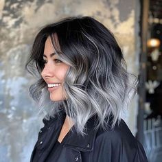 Grey Roots Dark Ends, Silver Hair For Brunettes, Salt And Pepper Ombre Hair, Short Grey Balayage Hair, Grey Hair With White Money Piece, Black Hair Balayage Short Hair, Bleach Hair Dark Roots, Grey Hair With Dark Underneath