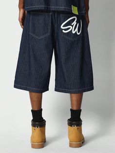 Denim Pinstripe Jort With Back Graphic Blue and White    Denim Letter,Plain Wide Leg Non-Stretch  Men Clothing, size features are:Bust: ,Length: ,Sleeve Length: Pinstriping, Men Clothing, White Denim, Mens Denim, Men's Collection, Online Clothing, Kid Shoes, Mens Shorts, Denim Jeans