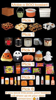 a poster with halloween items on it and the words make a booo basket pick 1 pick 3 pick 3