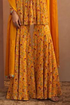 Shop for Aneesh Agarwaal Yellow Chinon Chiffon Floral Print Kurta Sharara Set for Women Online at Aza Fashions Aneesh Agarwaal, Print Mirror, Kurta Sharara Set, Kurta Sharara, Mirror Embroidery, Embroidered Border, Chiffon Floral, Embroidery Floral, Peplum Styles