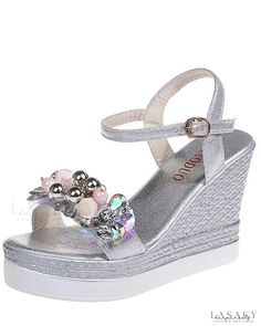 Lasaky - Wedge sandals with floral pattern and precious stones Silver Synthetic Wedge Sandals For Summer, Vacation Synthetic Wedge Sandals With Rhinestones, Synthetic Wedge Sandals With Rhinestones For Vacation, Silver Synthetic Wedge Sandals For Vacation, Silver Platform Sandals For The Beach, Silver Platform Sandals For Vacation, Synthetic Rhinestone Wedge Sandals For Vacation, Silver Wedge Sandals For Vacation, Silver Wedge Sandals For Summer Vacation