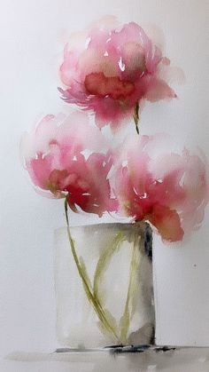 a watercolor painting of pink flowers in a glass vase on a white table top