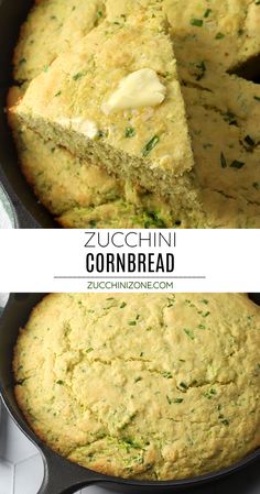 zucchini cornbread in a cast iron skillet with two slices cut out