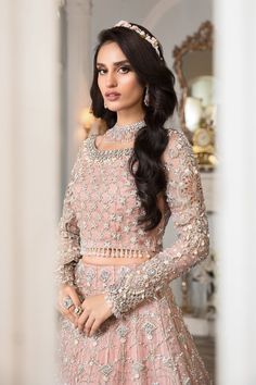 Elegant Light Pink Lehenga with Choli and Dupatta Dress – Nameera by Farooq Light Pink Lehenga, Lehenga Choli Pakistani, Woman Wedding Dress, Maria B Bridal, Nameera By Farooq, Bridal Maxi, Dupatta Dress, Pink Lehenga, Maria B