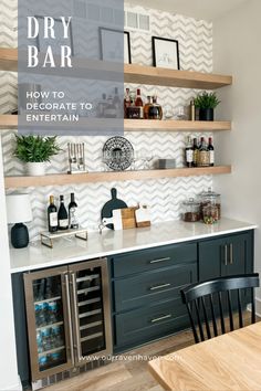 a kitchen with open shelving and shelves filled with bottles, wine glasses, and other items