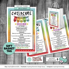 two gift bags with the words child care on them, and an image of a shopping bag