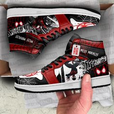 Miles Morales Spider-Verse J1 Shoes Custom Sneakers For Fans PT21All of our JD Sneakers styles are custom-made-to-order and handcrafted to the highest quality standards. High-quality rubber sole for traction and exceptional durability. Lace-up closure for a snug fit. Material: Microfibre leather: chemical & abrasion resistance, anti-crease, aging resistance Eco-friendly and 100% Vegan. Please allow 10-15 business days to receive a tracking number while your order is hand-crafted, packaged and shipped from our facility. Spiderman Shoes Diy, Custom High-top Sneakers With Branded Insole, Custom High-top Sneakers With Rubber Sole, Custom Black Sneakers With Rubber Sole, Black Custom Sneakers With Round Toe, Custom Black Sneakers With Round Toe, Custom Sneakers With Rubber Sole And Round Toe, Custom Black Round Toe Sneakers, Customizable Red Sneakers With Round Toe