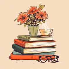 a stack of books, glasses and a cup with flowers on top are sitting next to each other