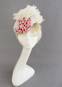 lace percer hat in red and off white with off white flowers on comb White Pillbox Hat, Off White Flowers, Pretty Hats, Middleton Style, Pigtail Braids, Love Hat, Red Felt, Red Silk, Custom Hats