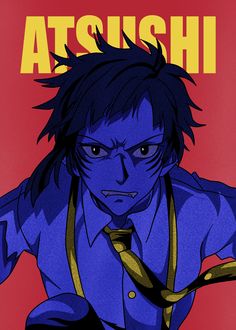 an anime character wearing a blue shirt and tie with the words atsuhi on it