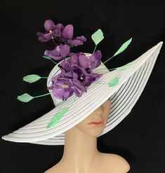 Gorgeous Kentucky Derby Ascot Hat              100% Brand New   Designed & Made in USA         Beautiful hand embellished wide brim hat adorned with green stripped coque rooster feathers and purple orchids. This gorgeous hat has a 22.5 inches interior crown circumference.The Brim is 5 3/4 inches.It fits most!    Hat Base Color: White This is a high quality wide brim hat with wire which could hold it's shape.It won't flop in the eyes and face. And it will protect your face and hair from hot sun and wind. It's perfect for outdoor event. Would be great for Wedding, Bridal Shower, Tea Party, Concert,Evening Wear, Belmont,Ascot, Derby day,Races, Church, Art Photography,etc. This hat listing is Ready to Ship! Item will be shipped from US within 24 hours after receiving cleared payment . For US o Green Fedora Straw Hat For Kentucky Derby, Green Straw Hat With Curved Brim For Garden Party, Green Brimmed Straw Hat For Garden Party, Green Curved Brim Straw Hat For Garden Party, Green Wide Brim Straw Hat For Garden Party, Curved Brim Top Hat For Spring Vacation, Spring Vacation Top Hat With Curved Brim, Fitted High Crown Hat For Beach, Green Brimmed Sun Hat For Kentucky Derby