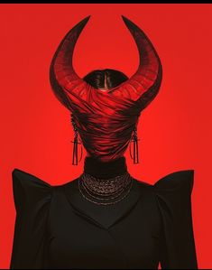 a woman with red hair and horns on her head is standing in front of a red background