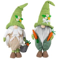 two garden gnomes with carrots and flowers on their heads