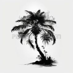 a black and white drawing of a palm tree with watercolor splashes on it