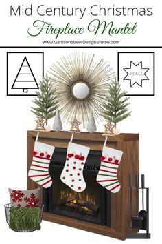 a christmas fireplace mantle with stockings and stockings on it