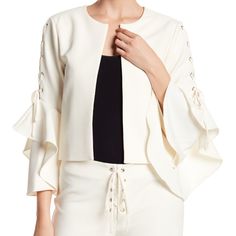 Make A Sweet Statement In This Cream Colored Cropped, Open-Front Overlay Featuring Dramatic Lace-Up Sleeves Punctuated By Decadent Tiered Ruffles. New With Tags. White Spring Outerwear For Brunch, Chic White Outerwear For Brunch, Fitted White Outerwear For Brunch, Animal Print Blazer, Structured Jacket, Ladies Blazer, Collarless Jacket, Single Button Blazer, Career Wear