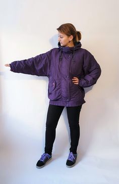 Vintage Sport's Jacket Dark Purple Colour Hooded Ski Jacket Long Sleeves Winter Light Puffer     Features: 100% polyamide lining: 100% polyester !Please note colors may slightly vary from photo! Good vintage condition No damages Measurements lying flat: Length: 71 cm ( 27.95") Bust (from armpit to armpit): 66 cm ( 25.98") Sleeve (from collar to sleeve end): 72.5 cm (28.5") Jacket label size 36 (fits like S/M size)  (shown on model size S, 36 EU/ 10 (UK), height 161 cm/63.39" , bust 90 cm / 35.43 Vintage Sports Jacket, Winter Light, Purple Colour, Jacket Long, Vintage Sports, Sports Jacket, Ski Jacket, Label Sizes, Dark Purple