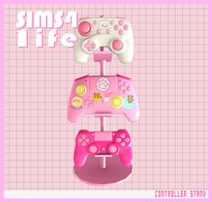 a pink and white game controller stand on top of a wall with the words simsy life written above it