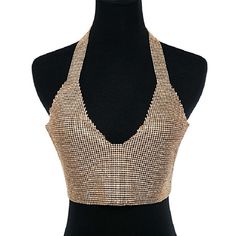 Material: Polyester Tops Type: Tank Tops Gender: Women Pattern Type: Patchwork Decoration: Hollow Out Clothing Length: Short Item Type: Tops Style: Sexy & Club Fabric Type: Broadcloth Stretch V-neck Crop Top For Club, Glamorous V-neck Summer Crop Top, Glamorous V-neck Crop Top For Summer, Stretch Low-cut Party Tops, Fitted Low-cut Tank Top For Party, Gold Stretch Crop Top, Gold Stretch Crop Top For Summer, Gold V-neck Tank Top For Party, Rhinestone Tank Top