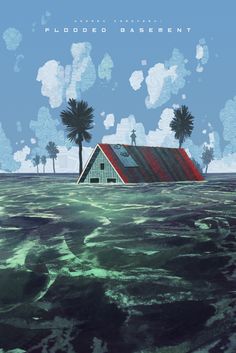 a house floating in the ocean with palm trees