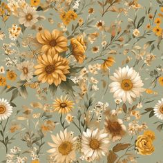 a floral wallpaper with sunflowers and daisies on a light green background