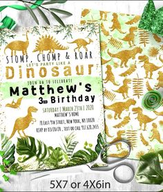 dinosaur birthday party invitation with gold foil dinosaurs and green leaves on white background, 5x7 or 6x6