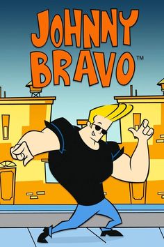 the animated character johnny bravo is dancing in front of some yellow buildings with his arms stretched out