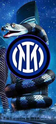 an image of a snake with the letter n on it's head and in front of a cityscape