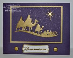 a purple and gold christmas card with three wise men in the manger scene on it